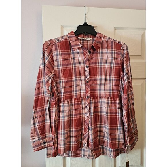 NWT Vanilla Star Women's Plaid Button-Down Peplum Shirt Sz XL Soft Cozy Style - Picture 1 of 10